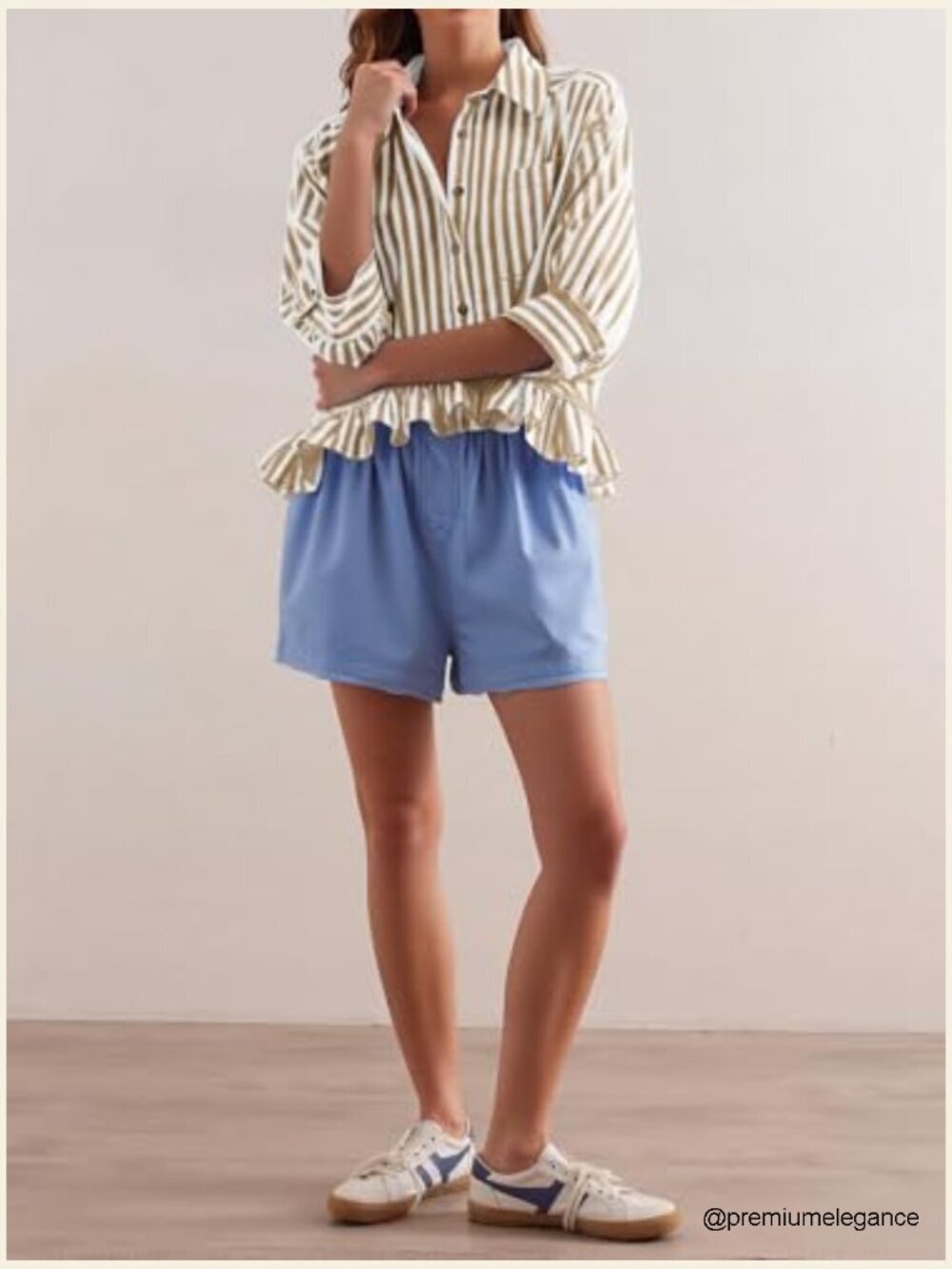 Cropped Striped Button Down Ruffle 3/4 Sleeve Blouse - Picture 4 of 6